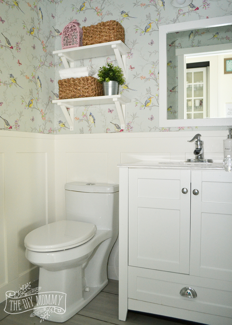 A DIY Powder Room Makeover with Chinoiserie Inspired Bird & Floral Wallpaper and Board and Batten Trim