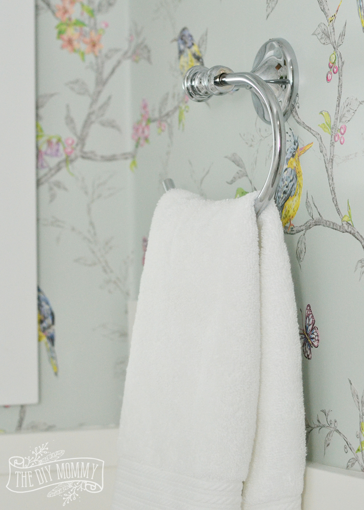 A DIY Powder Room Makeover with Chinoiserie Inspired Bird & Floral Wallpaper and Board and Batten Trim