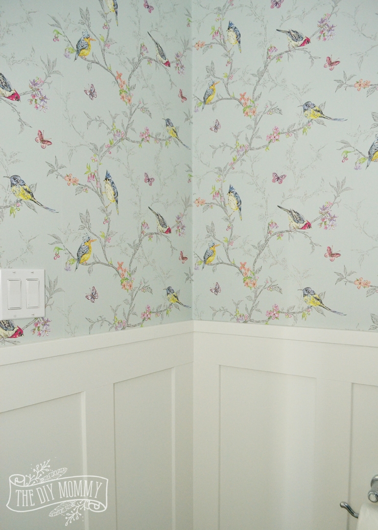 A DIY Powder Room Makeover with Chinoiserie Inspired Bird & Floral Wallpaper and Board and Batten Trim