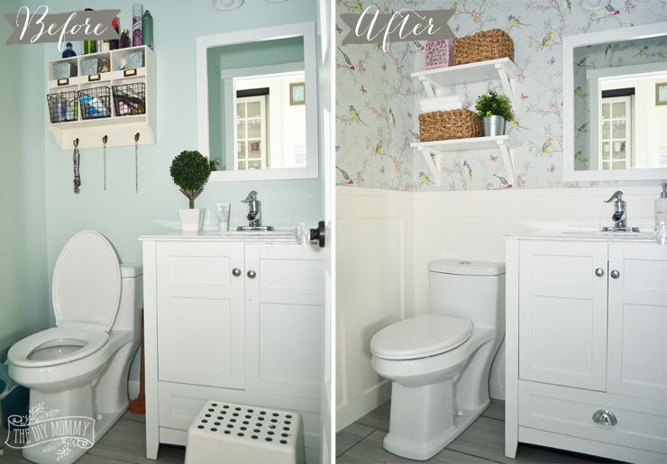 A DIY Powder Room Makeover with Chinoiserie Inspired Bird & Floral Wallpaper and Board and Batten Trim
