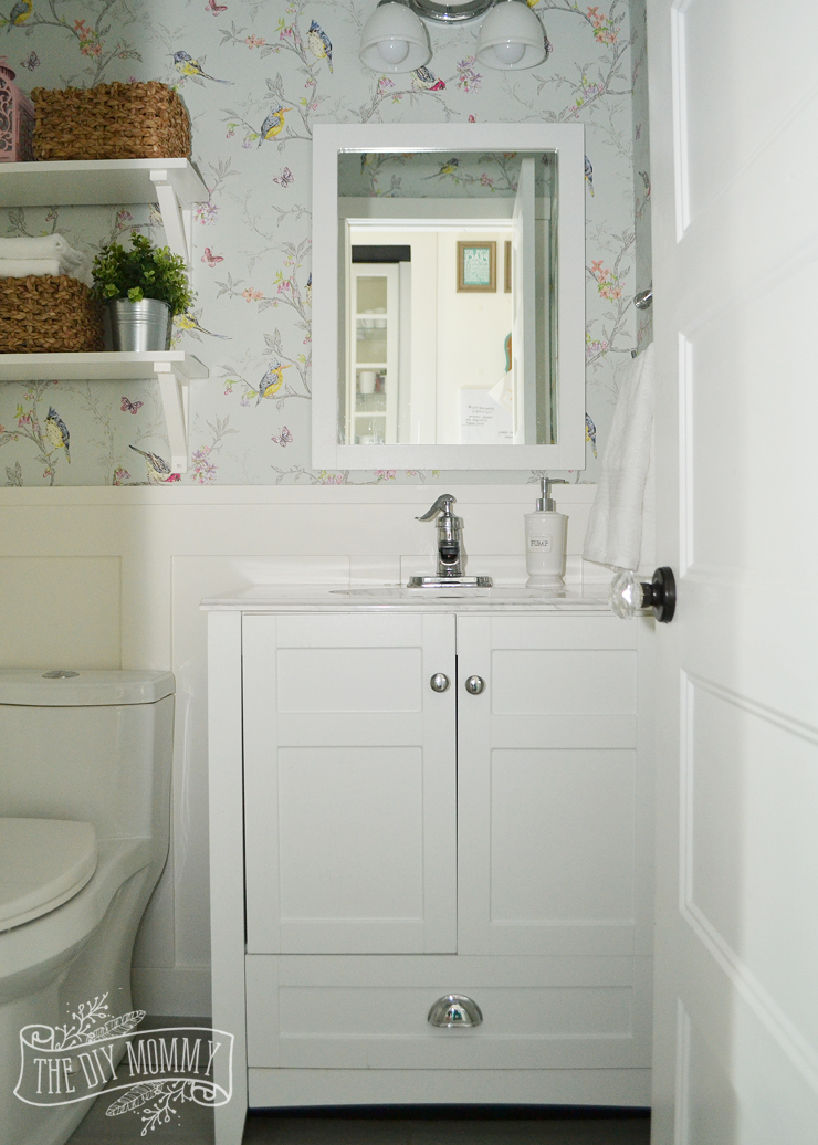 A DIY Powder Room Makeover with Chinoiserie Inspired Bird & Floral Wallpaper and Board and Batten Trim