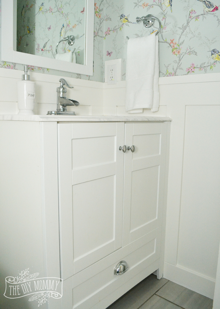 A DIY Powder Room Makeover with Chinoiserie Inspired Bird & Floral Wallpaper and Board and Batten Trim