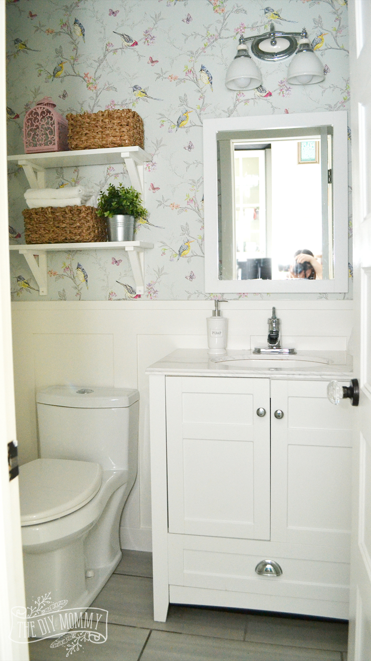 A DIY Powder Room Makeover with Chinoiserie Inspired Bird & Floral Wallpaper and Board and Batten Trim
